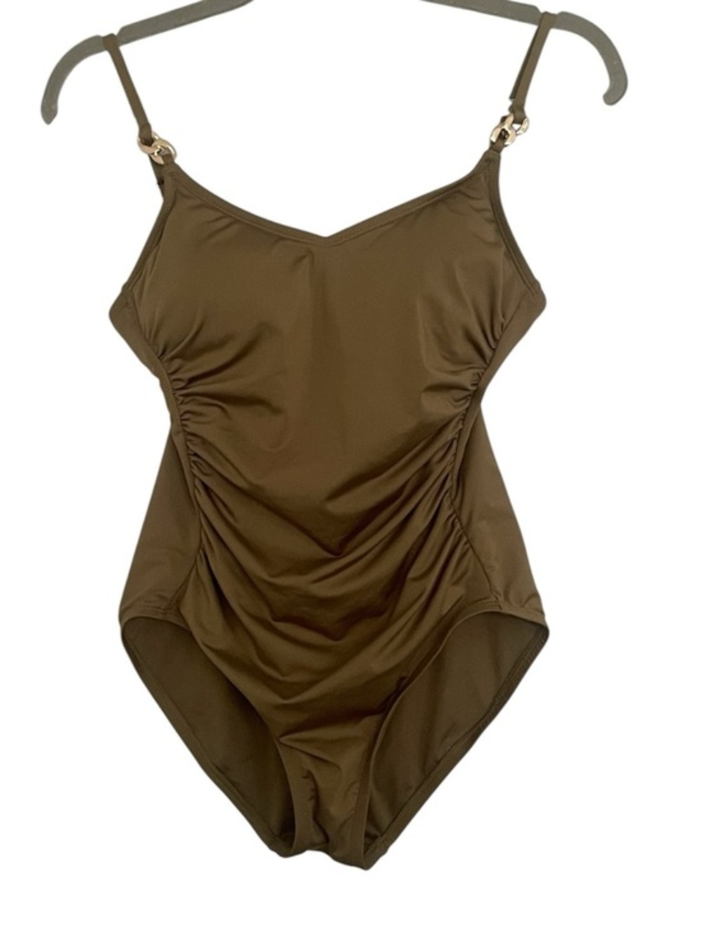 Michael Kors One Piece Swimsuit Size 10 Olive Green Ruched Gold Hardware